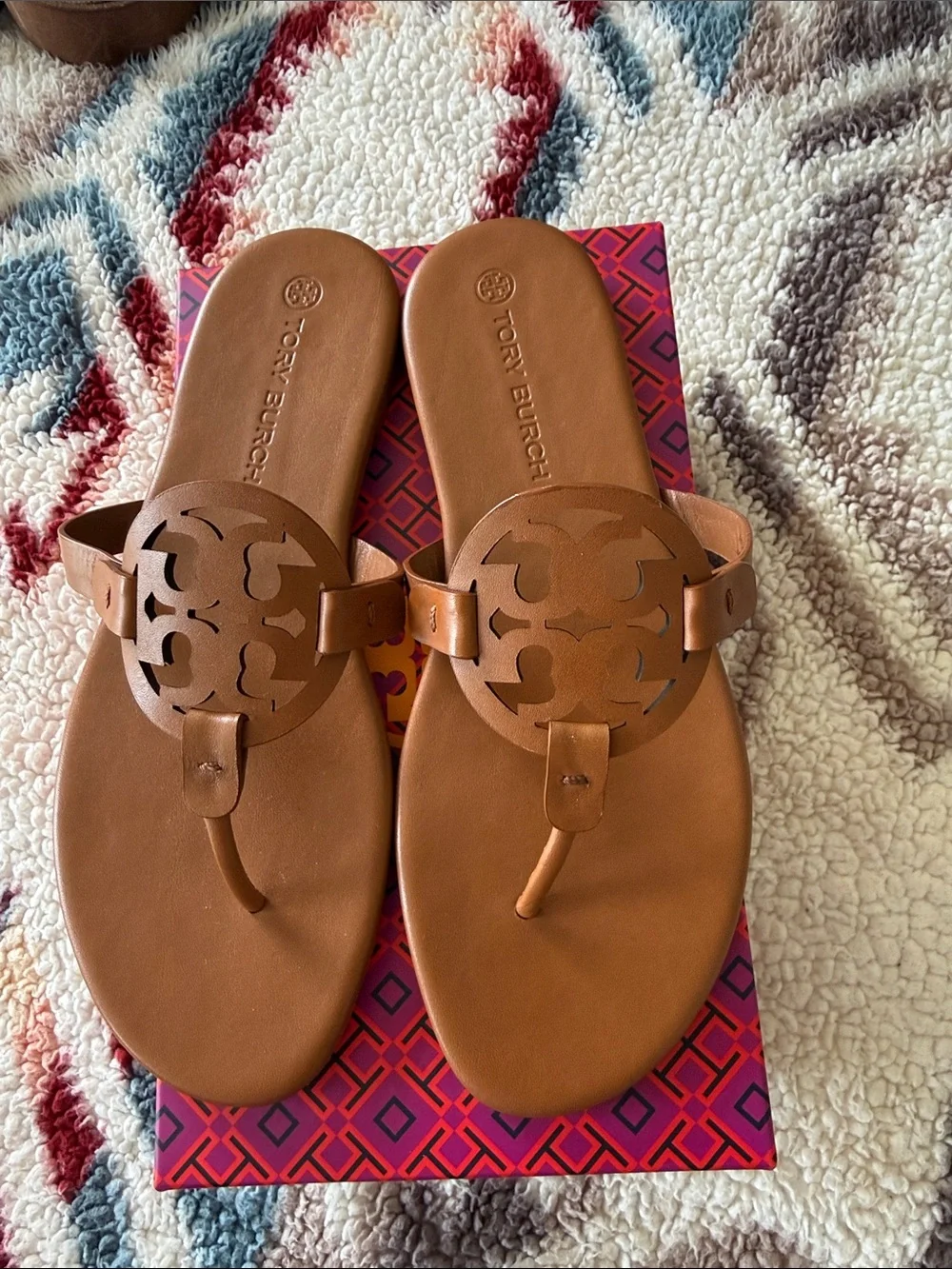 Tory Burch Brown Leather Miller Logo Thong Sandals - Picture 2 of 4